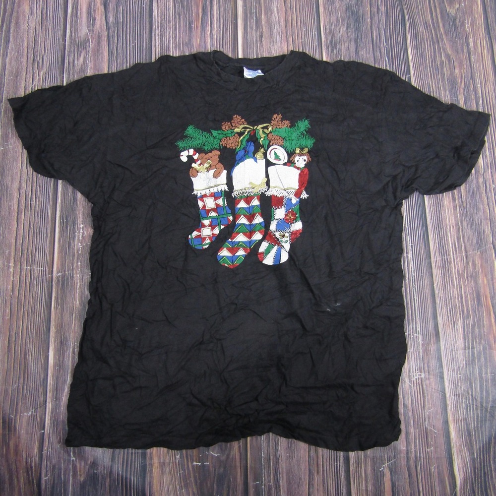 Vintage Christmas Stockings Holiday Shirt Mens XL Black Hanes Single Stitch 90s